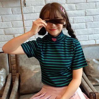Striped Short-sleeve Mock-neck T-shirt