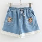 Embroidered Denim Shorts Light Blue - One Size