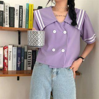 Contrast Stripe Double-buttoned Cropped Top