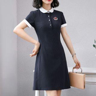 Short-sleeve Collar Striped Mini A-line Dress
