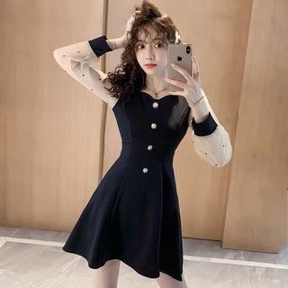 Dotted Mesh Panel Long-sleeve Mini A-line Dress