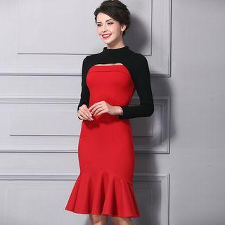 Long-sleeve Color Block Sheath Mermaid Dress