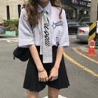 Elbow-sleeve Striped Embroidered Shirt / Tie / High-waist Shorts / Set