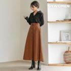 Belted Button-front Maxi Flare Skirt