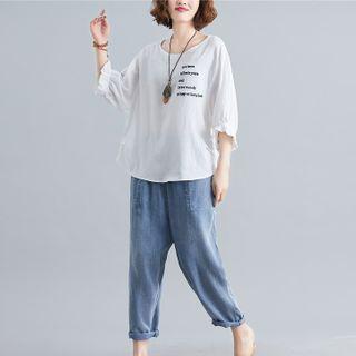 Elbow-sleeve Lettering Blouse