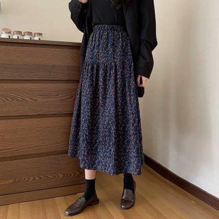 Floral Print Midi A-line Skirt Purple Floral - Blue - One Size