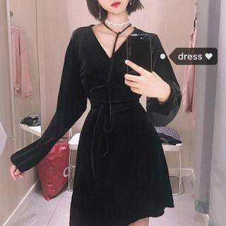 Plain Velvet Long Sleeve Dress Black - One Size
