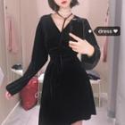 Plain Velvet Long Sleeve Dress Black - One Size