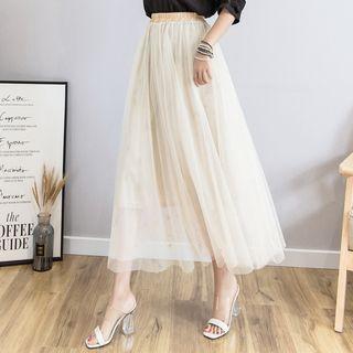 Mesh Overlay Patterned Midi Skirt