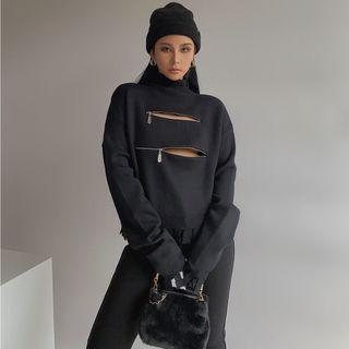 Zipper-front Turtleneck Fringed Sweater Black - One Size