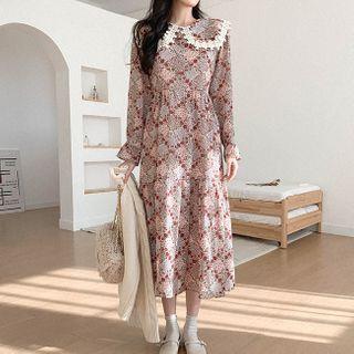 Lace-trim Collar Patterned Dress Pink - One Size