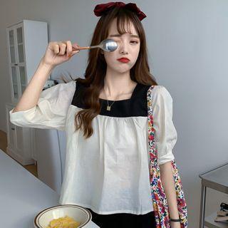 Elbow-sleeve Color Panel Blouse