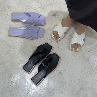 Square-toe Cross Strap Slide Sandals