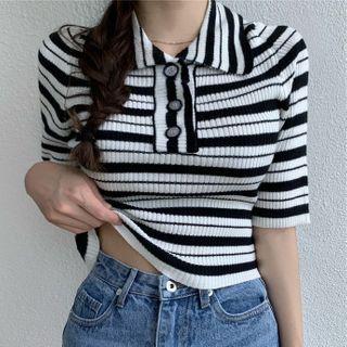 Short-sleeve Striped Polo Knit Top Stripe - One Size