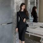 Glitter Ribbed Midi Knit Sheath Dress Black - One Size