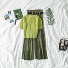 Set: Short-sleeve Knit Top + Straight-leg Pants