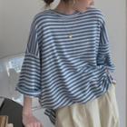 Pinstriped Elbow-sleeve T-shirt Blue - One Size