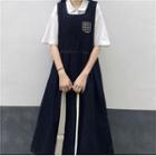 Elbow-sleeve Peter Pan Collar Shirt / Check Panel Midi A-line Overall Dress