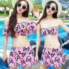 Set: Cat Print Bikini Top + Swim Skirt + Crop Top