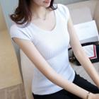 Ribbed V-neck Cap-sleeve T-shirt