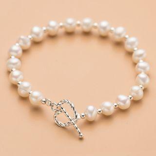 Faux Pearl & Heart Sterling Silver Bracelet S925 Silver - Bracelet - White - One Size