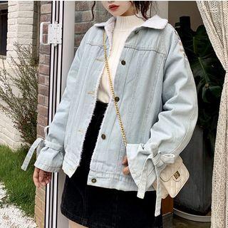 Flower Embroidered Faux Shearling Denim Jacket