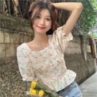Short-sleeve Square Neck Floral Cropped Blouse Pink Floral - White - One Size
