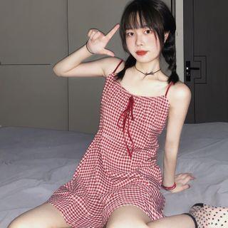 Plaid Spaghetti Strap Mini A-line Dress Plaid Strap Dress - One Size