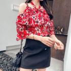 Off-shoulder Floral Elbow-sleeve Chiffon Blouse