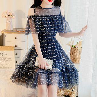 Off-shoulder Striped Mesh A-line Dress