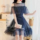 Off-shoulder Striped Mesh A-line Dress