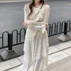 Flared-cuff Floral Ribbed Knit Top / Midi A-line Layered Lace Skirt