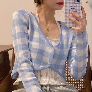 Gingham Cropped Cardigan / Halter Lace Camisole Top