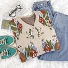 Long-sleeve V-neck Printed Knit Cardigan Almond - One Size