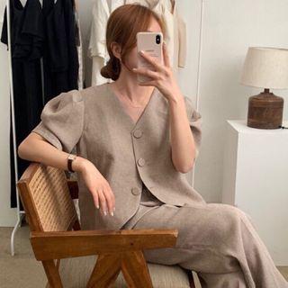 Buttoned Short-sleeve Top / Dress Pants