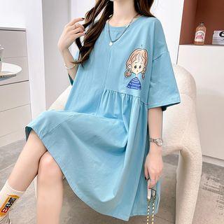 Elbow-sleeve Cartoon Print Mini A-line Dress