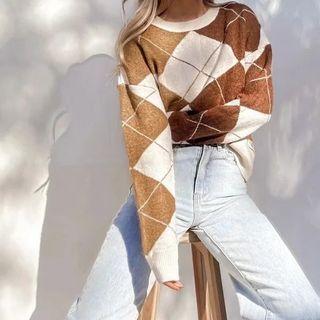 Round Neck Argyle Sweater Brown - One Size
