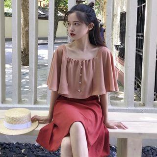 Mock Two-piece Elbow-sleeve A-line Dress Red - One Size