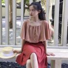 Mock Two-piece Elbow-sleeve A-line Dress Red - One Size