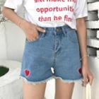 Heart Embroidered Fringed Loose-fit Denim Shorts