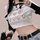 Short-sleeve Heart Print Cropped T-shirt As Shown In Figure - One Size