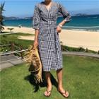 V-neck Plaid Side Tie 3/4-sleeve Dress