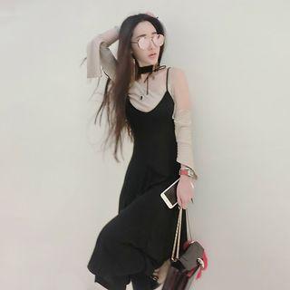 Set: Cutout Shoulder Long-sleeve Top + Strap Dress