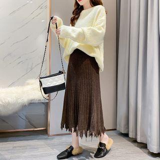 Frayed Trim Midi A-line Knit Skirt