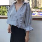 Collared V-neck 3/4 Sleeve Striped Blouse