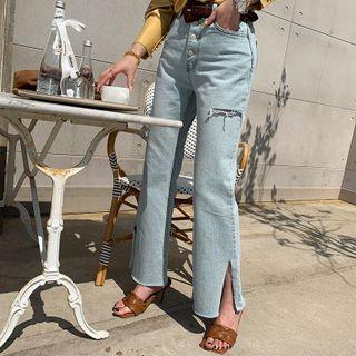 Button-fly Slashed Boot-cut Jeans