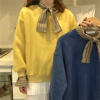 Mock Two-piece Tie-neck Plaid Panel Pullover