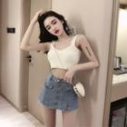 Spaghetti Strap Knit Top / Mini A-line Denim Skorts