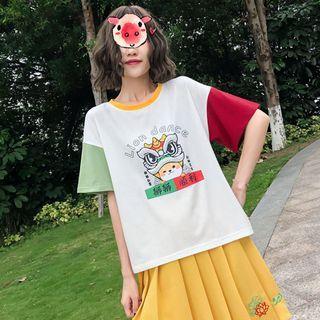 Elbow-sleeve Color Block Lion Dance Print T-shirt