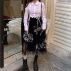 Long-sleeve Drawstring Shirt / Midi A-line Mesh Skirt